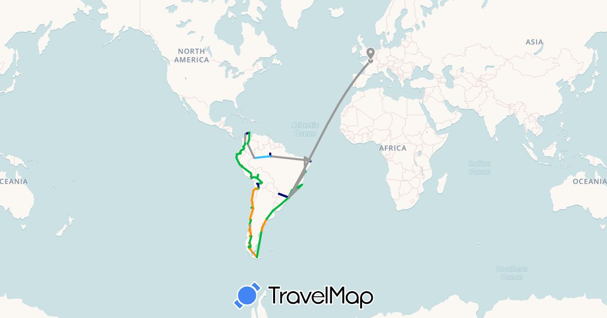 TravelMap itinerary: driving, bus, plane, hiking, boat, hitchhiking in Argentina, Bolivia, Brazil, Chile, Colombia, Ecuador, France, Peru (Europe, South America)